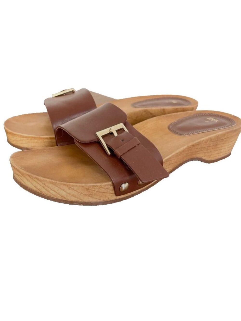 Zara Womens leather Clogs Sandals wooden sole EU 39 US 8 Brown 1603/010 NWOB